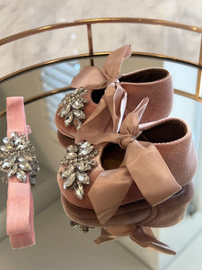 Soft Pink Velvet Crystal Shoes